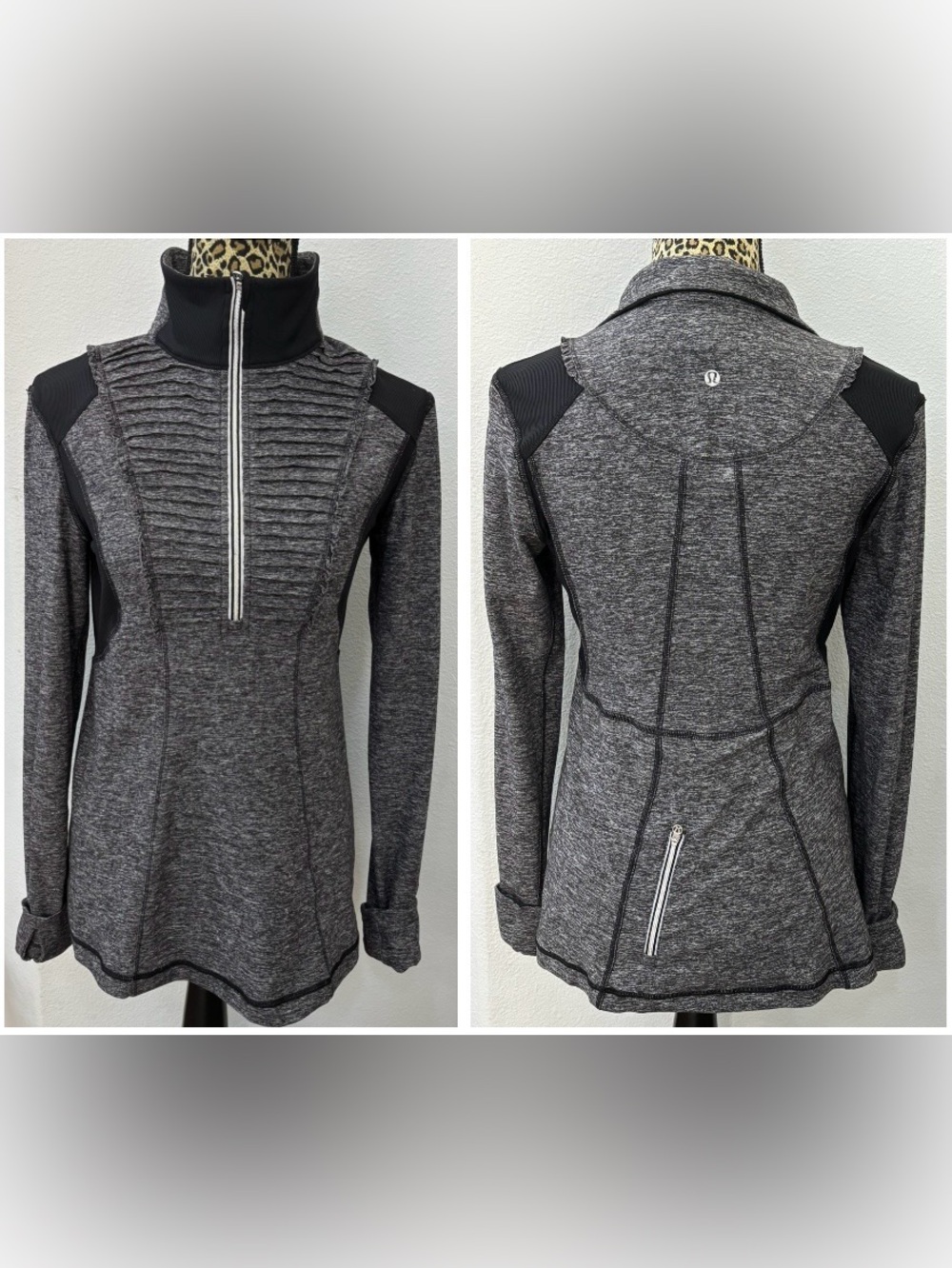 Lululemon Athletica gray half-zip ruffle front top - size 10 EUC
